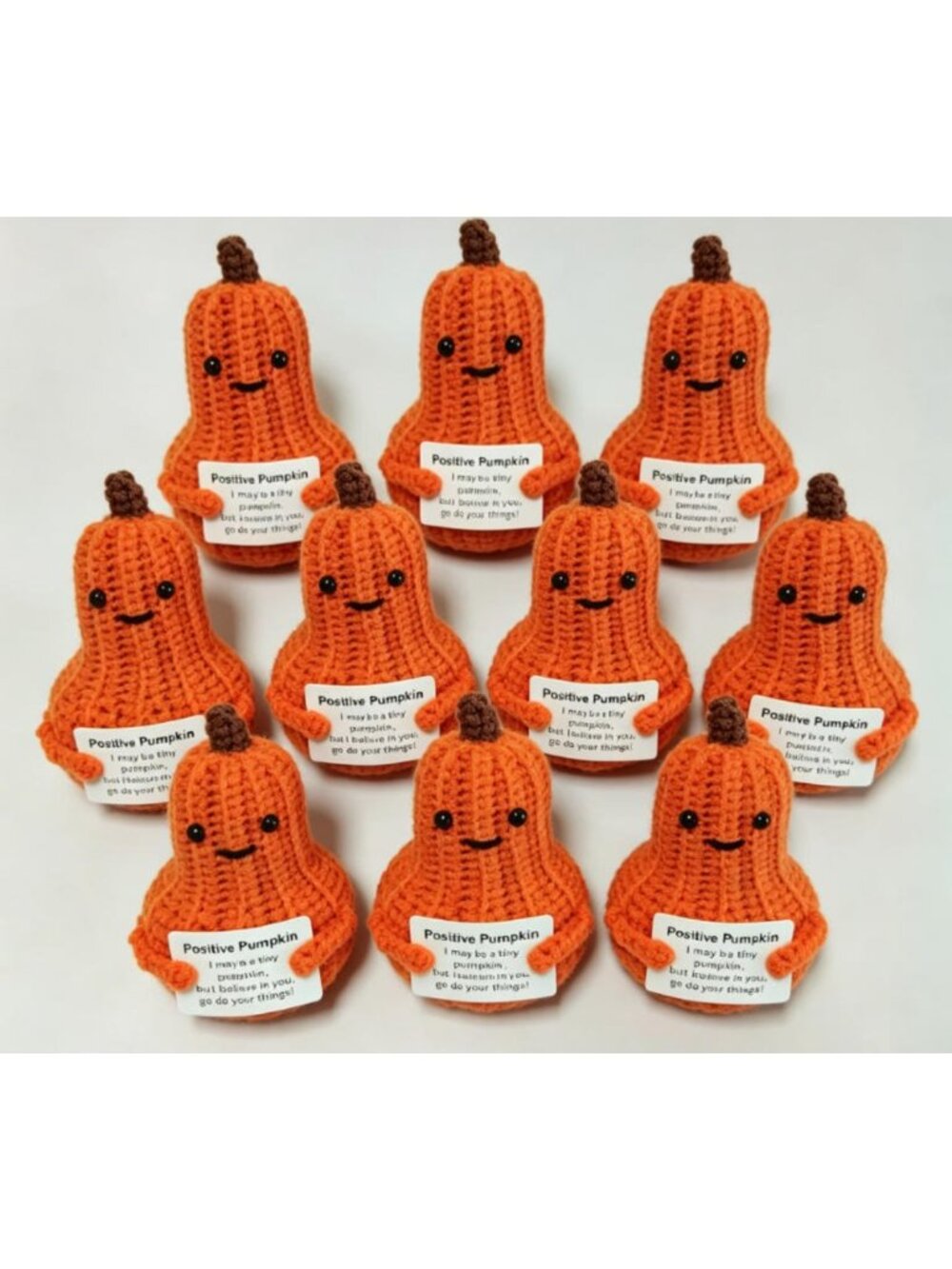 10 PCS Handmade Crochet Smiling Pumpkin Plush Doll with Positive Card